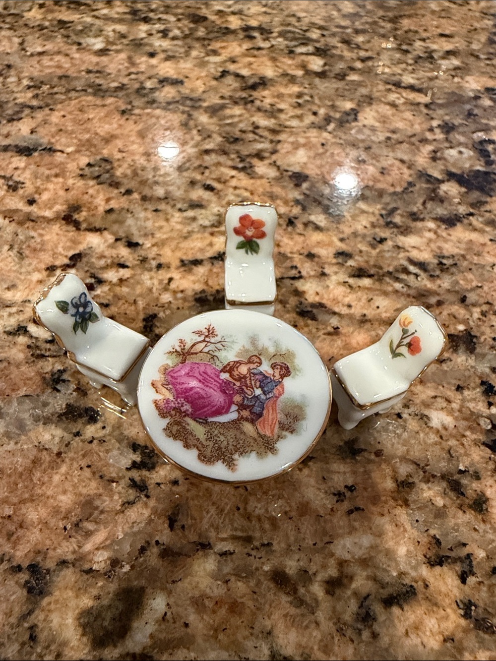 Limoges France Porcelain Miniatures Minis dining table & 3 floral chairs